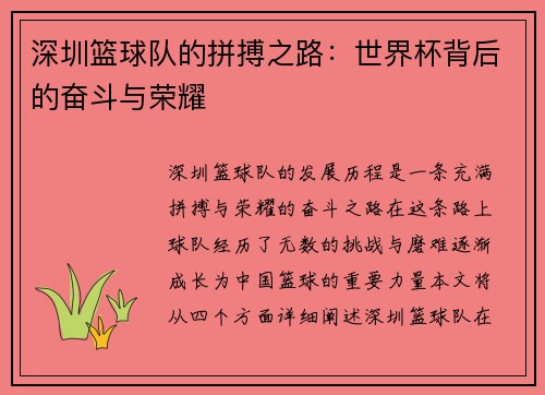 深圳篮球队的拼搏之路：世界杯背后的奋斗与荣耀